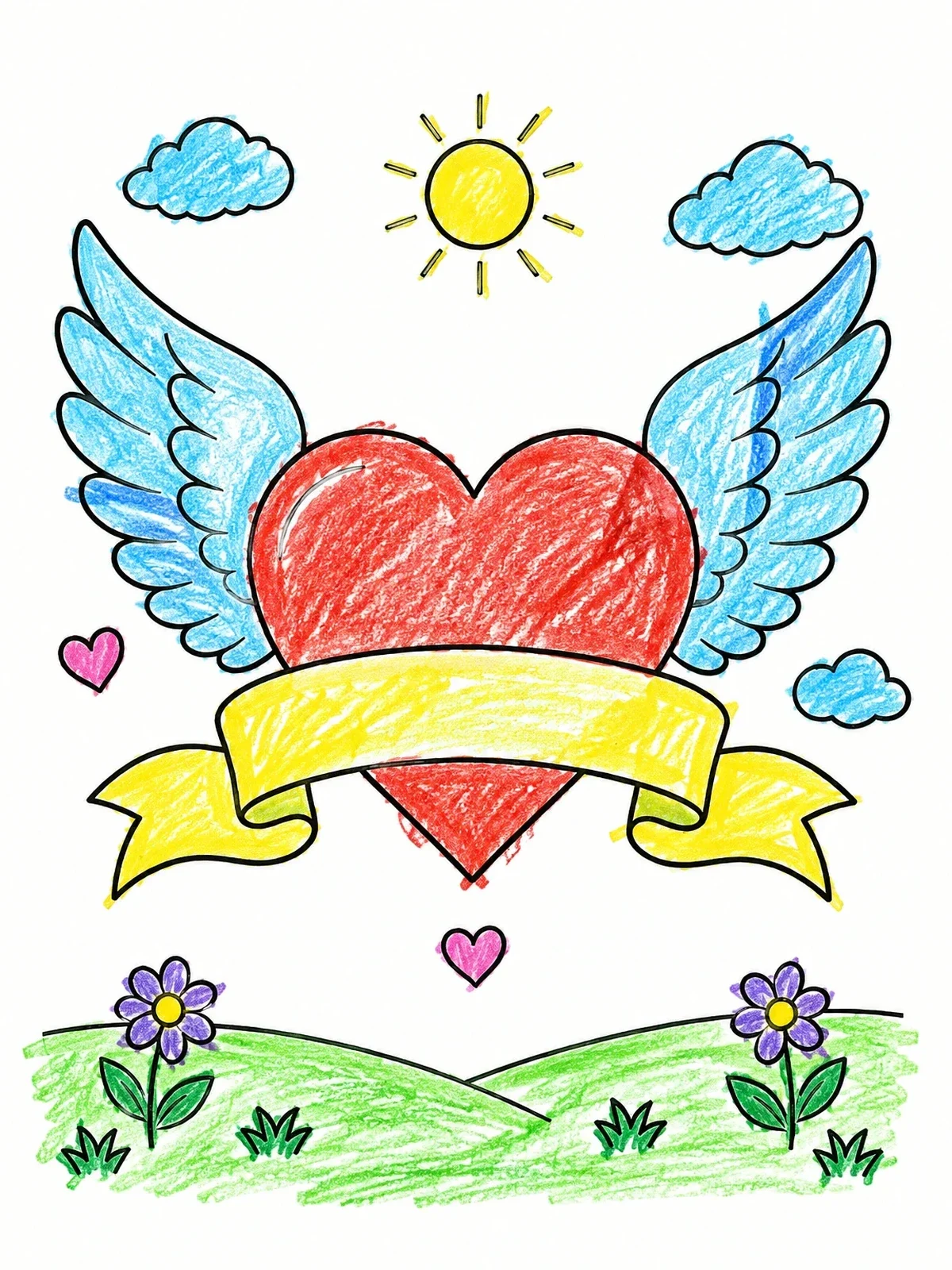 Colored example of the Winged Heart With Ribbon Banner coloring page