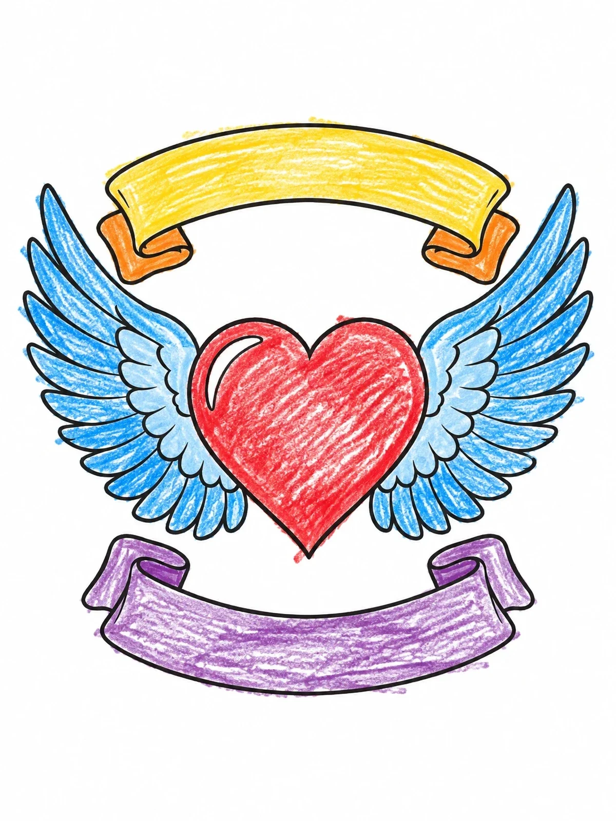 Colored example of the Winged Heart With Ribbon Banners coloring page