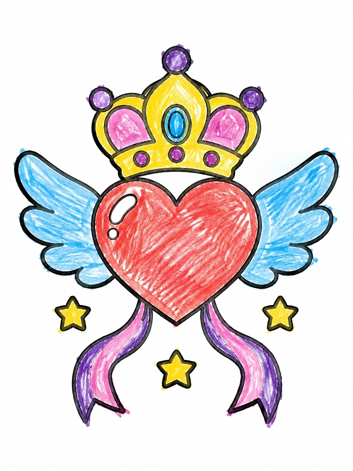 Colored example of the Winged Heart With Royal Crown coloring page