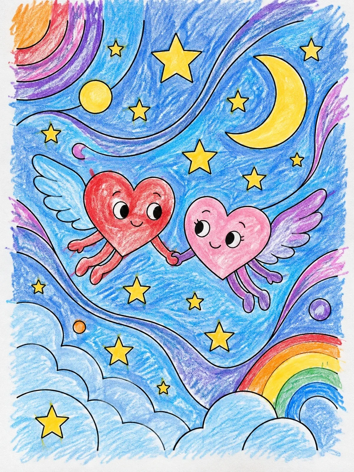 Colored example of the Winged Hearts Flying Hand In Hand coloring page
