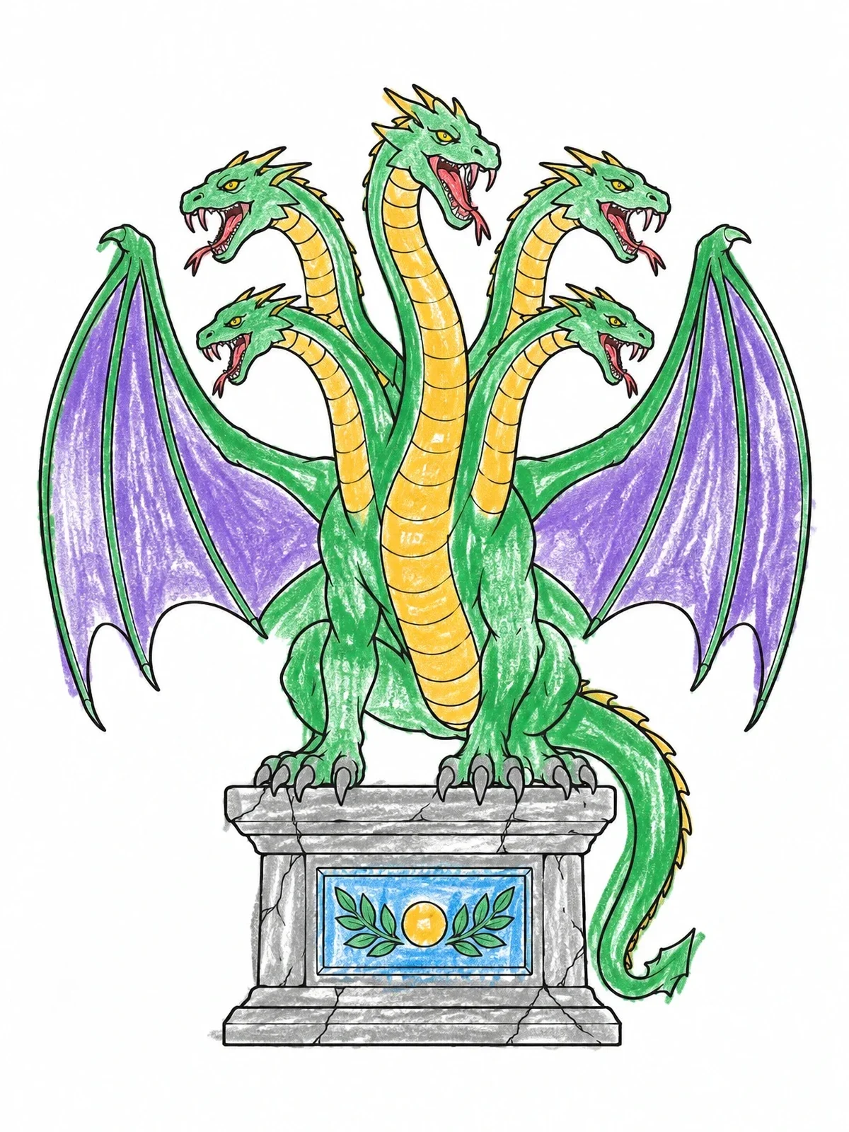 Colored example of the Winged Hydra On Stone Pedestal coloring page