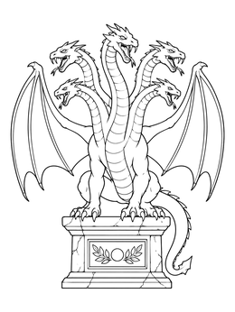 A five-headed winged hydra coloring page perched upon a cracked stone base.