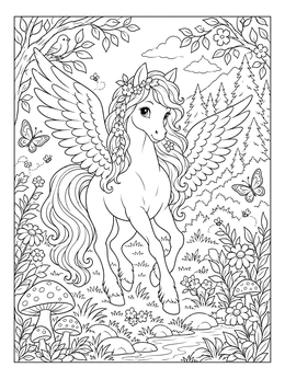 Free printable Winged Pegasus In Enchanted Forest coloring page