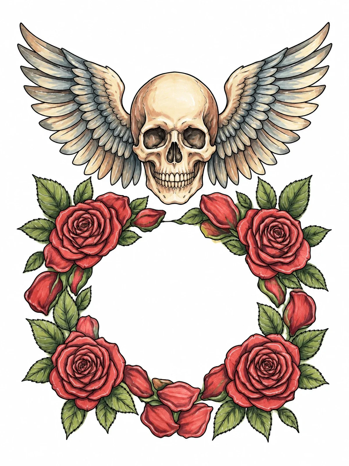 Colored example of the Winged Skull And Rose Wreath coloring page