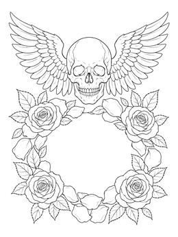 A detailed rose tattoo coloring page featuring a winged skull over a blooming rose wreath.