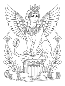A detailed winged sphinx coloring page resting on a stone pillar above ancient scrolls.
