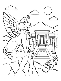 A friendly winged sphinx coloring page resting above an ancient temple courtyard.