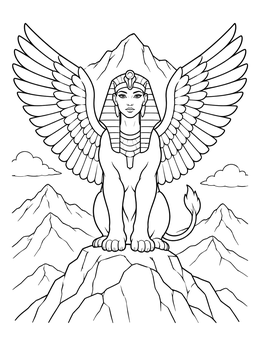 A magnificent winged sphinx coloring page perched atop a rocky mountain peak.