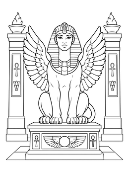A symmetrical winged sphinx coloring page resting between ancient columns with flames.