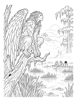 A winged creature watches explorers in this swamp coloring page.