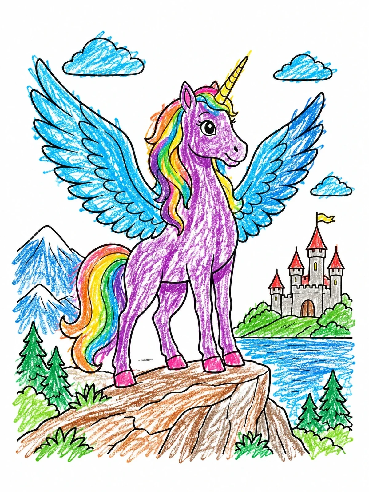 Colored example of the Winged Unicorn On A Cliff coloring page