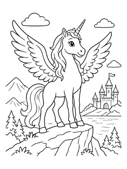 A magical winged unicorn coloring page standing proudly near a fairytale castle.
