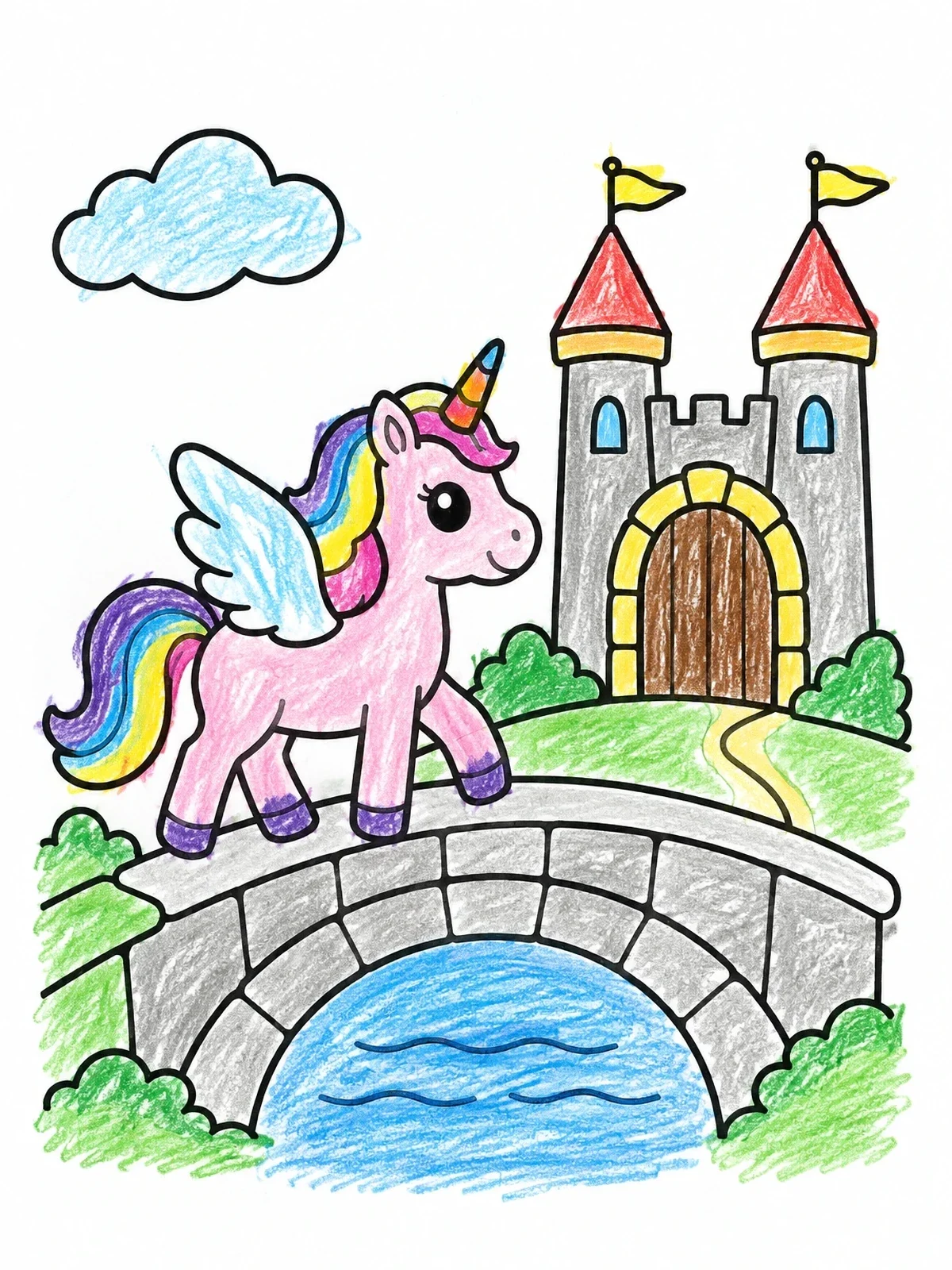 Colored example of the Winged Unicorn Crossing Castle Bridge coloring page
