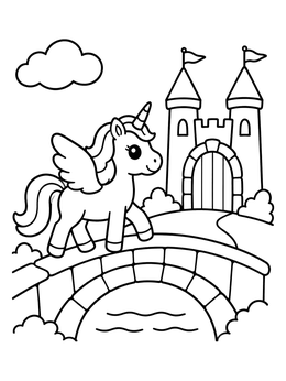 A cute winged unicorn coloring page walking across a stone bridge towards a castle.