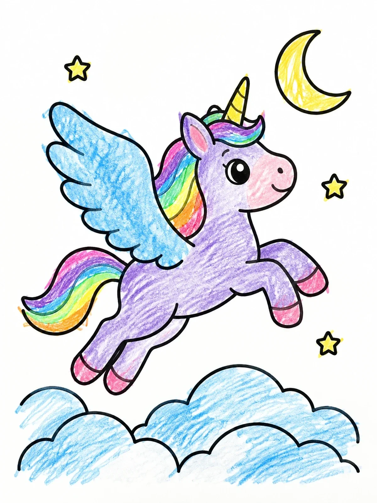 Colored example of the Cute Winged Unicorn Flying Above Clouds coloring page