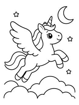 Free printable Cute Winged Unicorn Flying Above Clouds coloring page