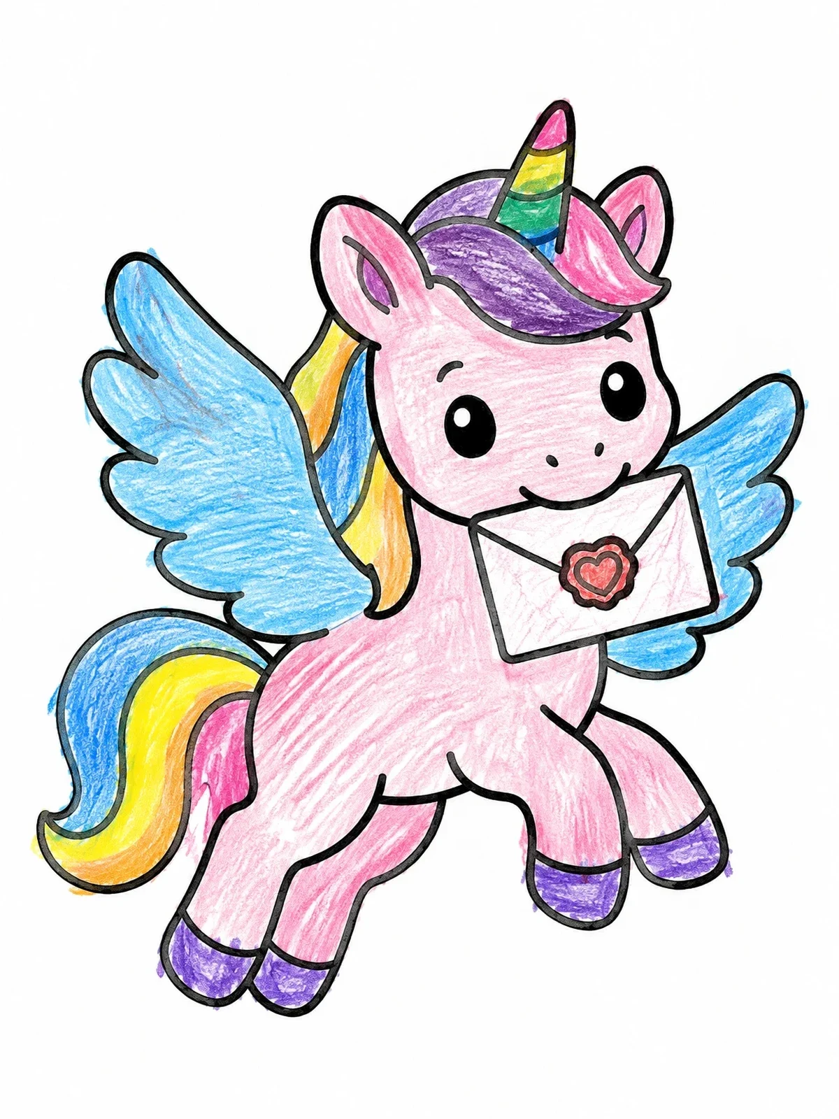 Colored example of the Winged Unicorn Delivering Love Letter coloring page