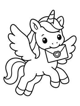 Free printable Winged Unicorn Delivering Love Letter coloring page