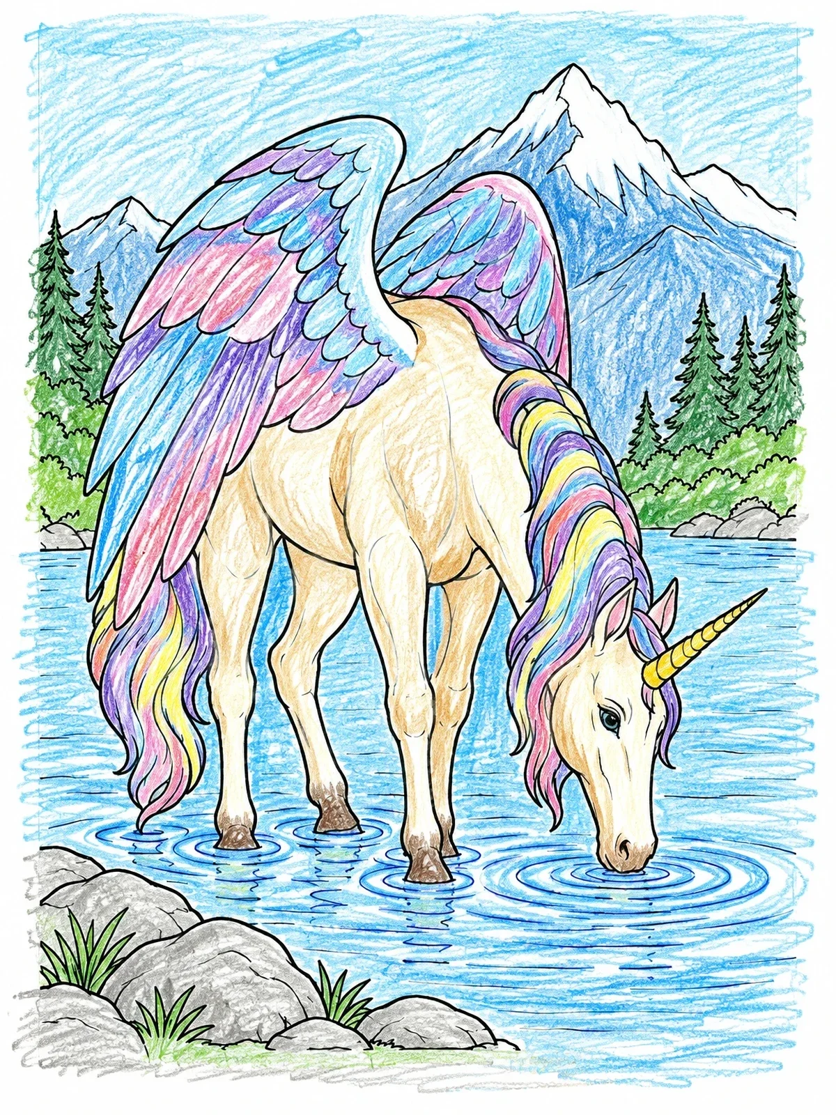 Colored example of the Winged Unicorn At Alpine Lake coloring page
