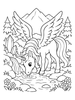 A winged unicorn coloring page drinking cool water from a crystal mountain stream.