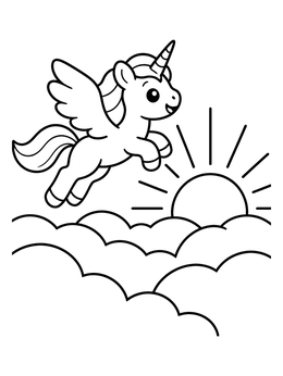 Free printable Winged Unicorn Flying Over Clouds coloring page