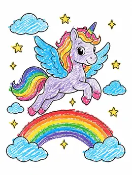 Cute Winged Unicorn Over Rainbow – Unicorn Pegasus Coloring Page