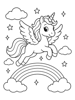 Free printable Cute Winged Unicorn Over Rainbow coloring page