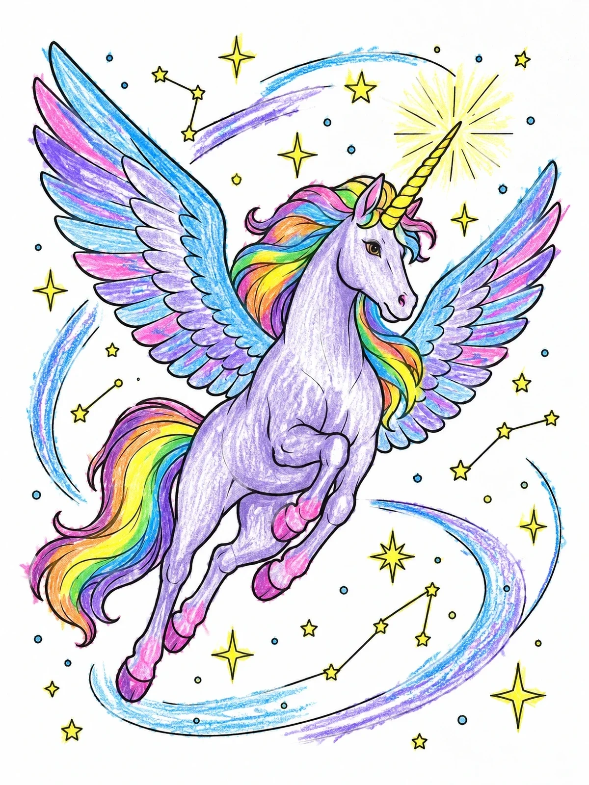 Colored example of the Winged Unicorn Soaring Through Constellations coloring page