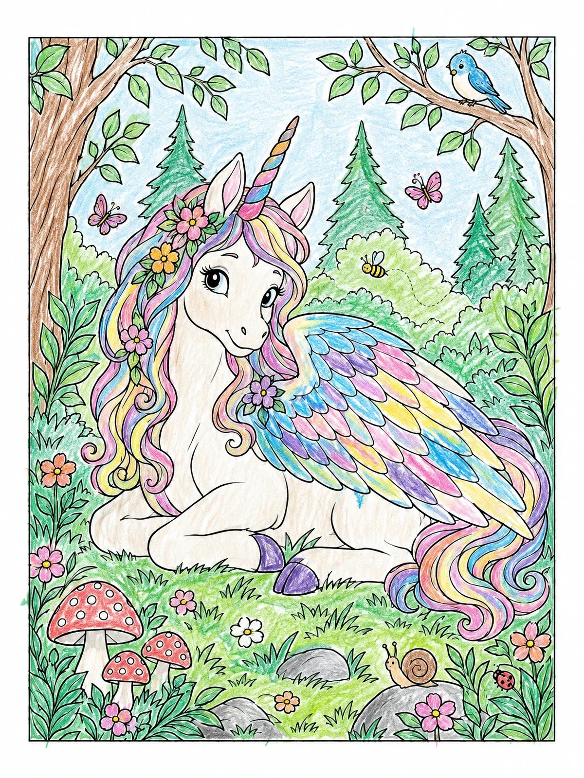 Colored example of the Winged Unicorn In Forest Clearing coloring page