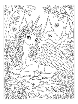 A gentle winged unicorn coloring page surrounded by woodland flowers, mushrooms, and trees.