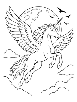 A winged unicorn coloring page soaring across the night sky in front of a glowing full moon.