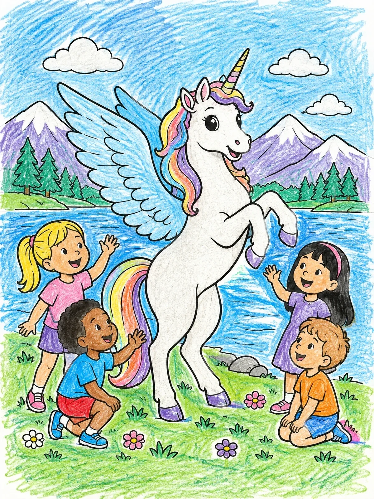 Colored example of the Winged Unicorn And Happy Children coloring page