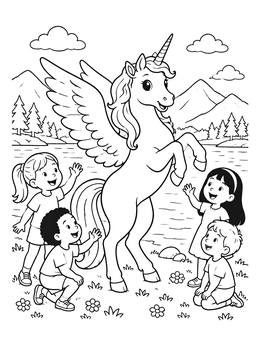 A magical unicorn coloring page featuring a winged unicorn rearing up beside happy children by a lake.