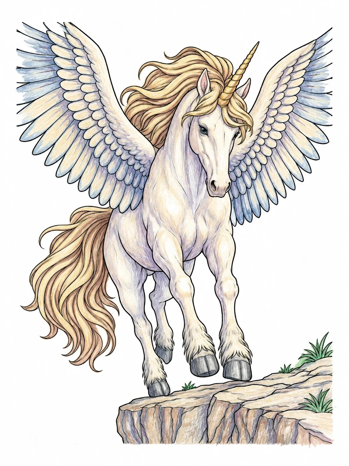 Colored example of the Winged Unicorn Landing On A Cliff coloring page