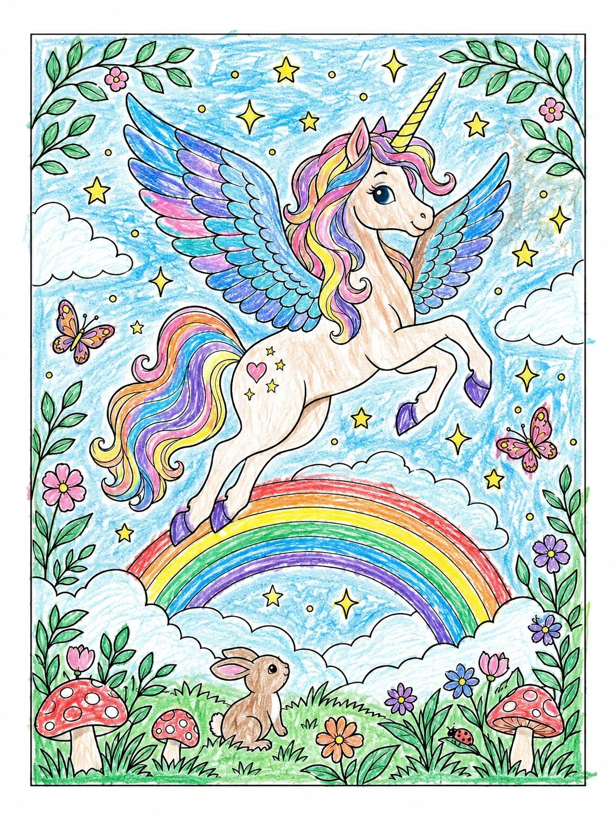 Colored example of the Winged Unicorn Leaping Over Rainbow coloring page