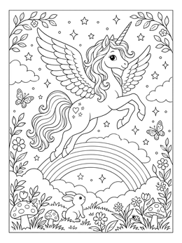 Free printable Winged Unicorn Leaping Over Rainbow coloring page