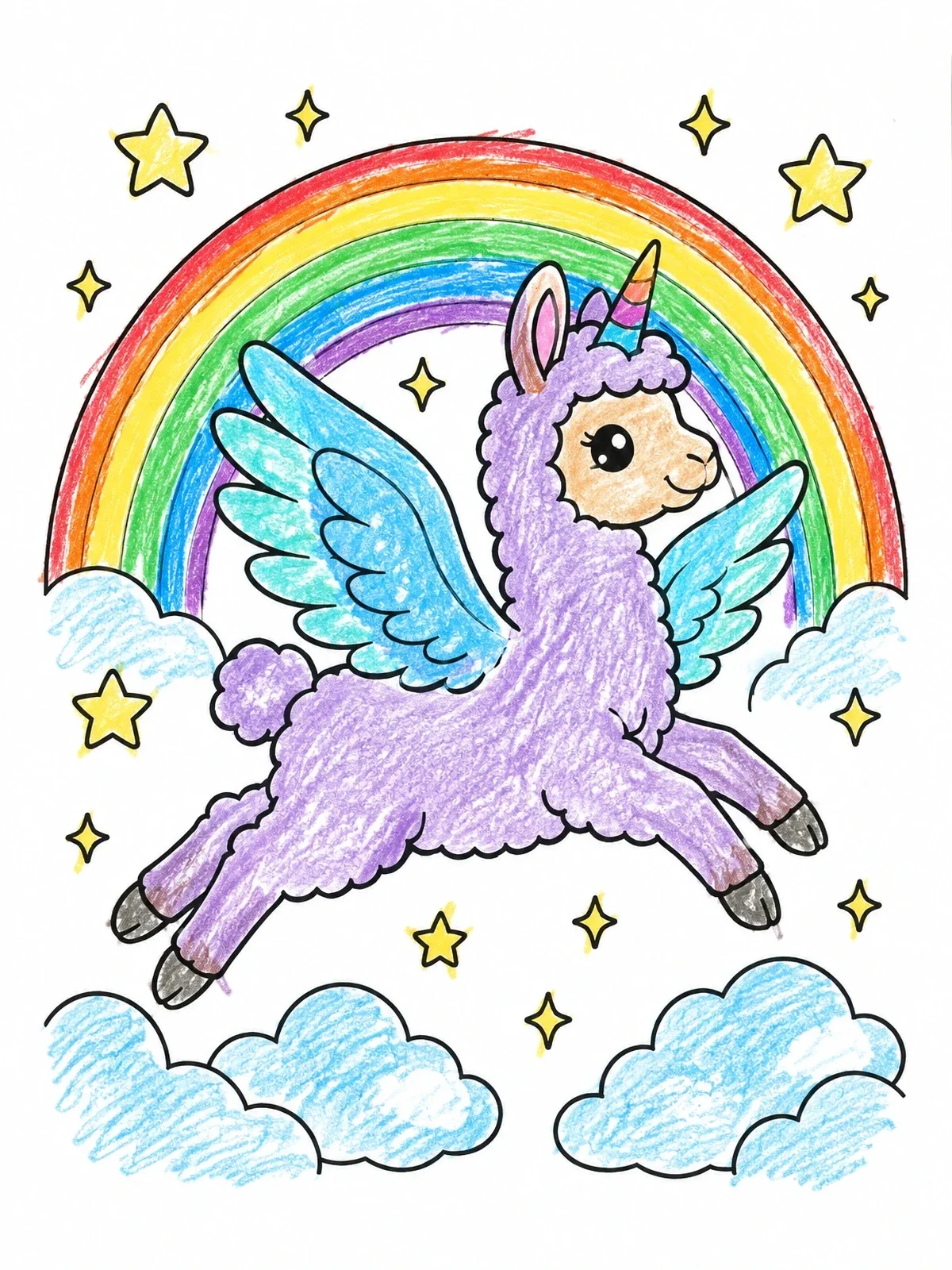 Colored example of the Winged Llamacorn Leaping Over Rainbow coloring page
