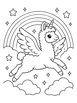 Free printable Winged Llamacorn Leaping Over Rainbow coloring page