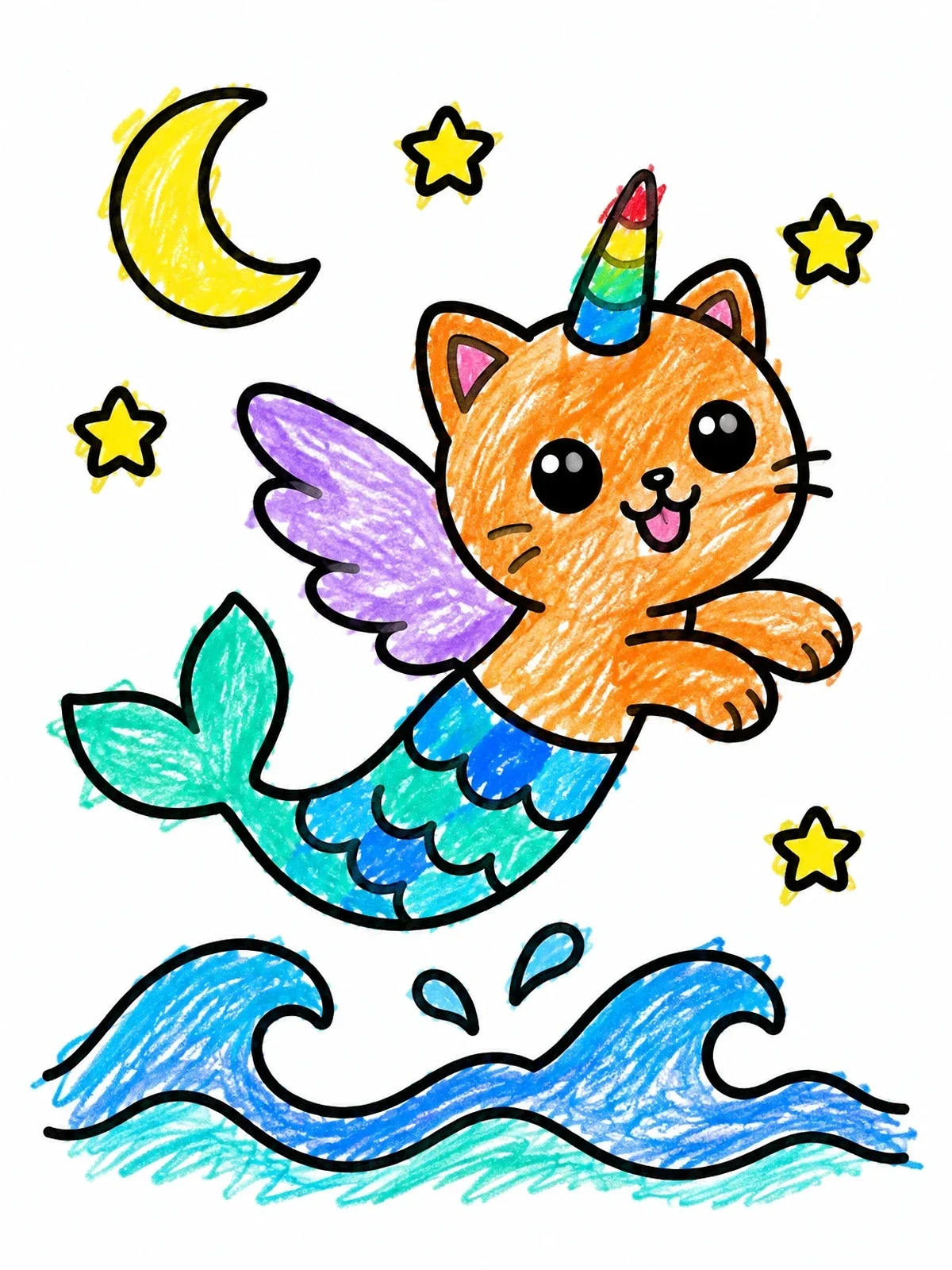 Colored example of the Winged Unicorn Mermaid Cat Leaping coloring page