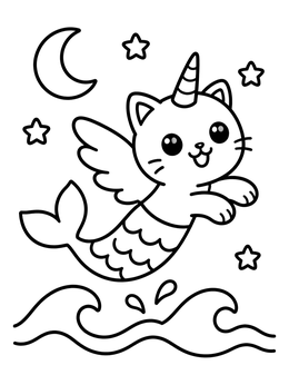 Free printable Winged Unicorn Mermaid Cat Leaping coloring page