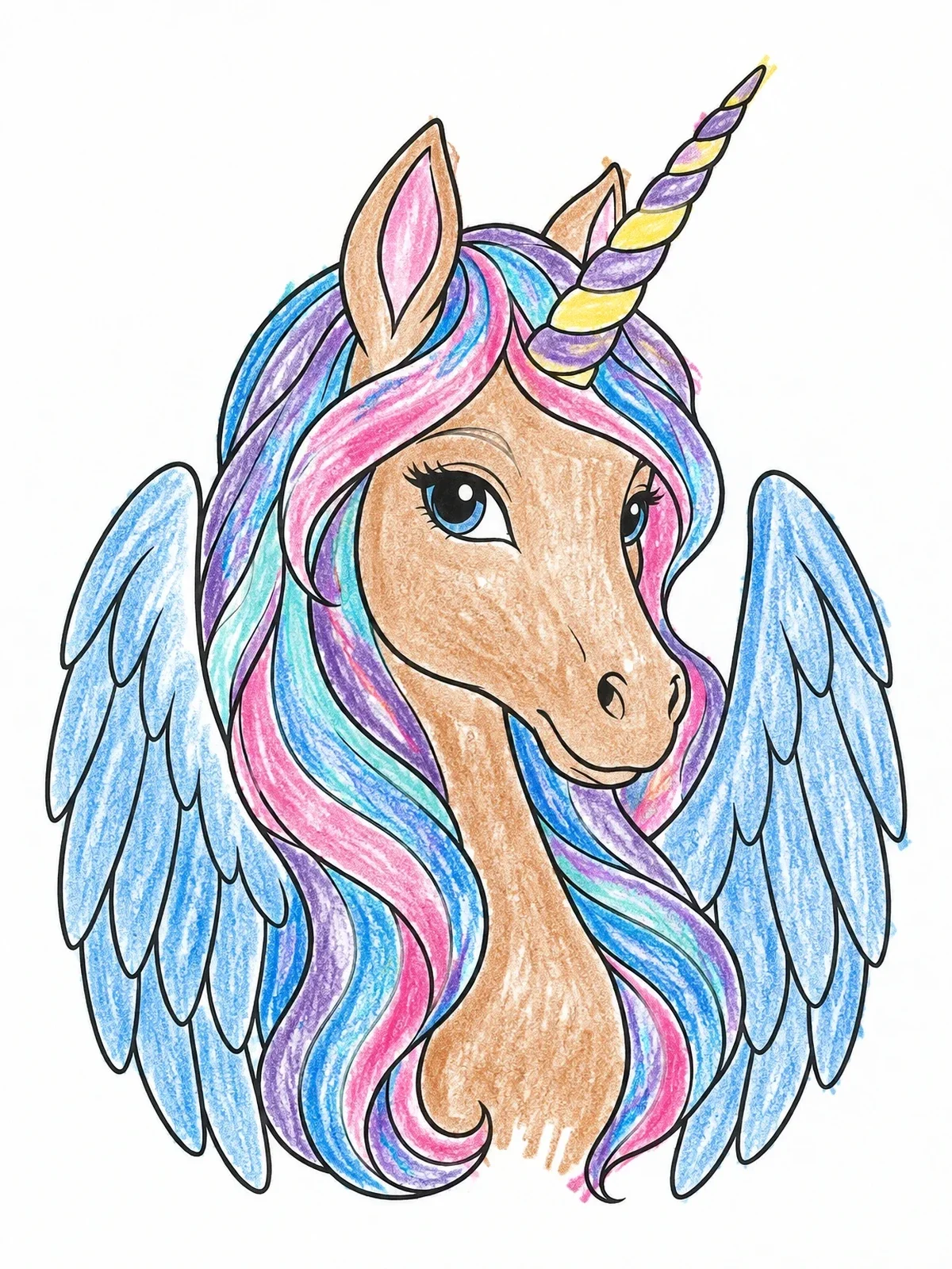 Colored example of the Winged Unicorn Portrait With Flowing Mane coloring page