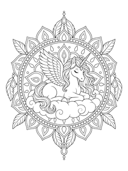 A serene winged unicorn mandala coloring page resting on a soft cloud framed by ornamental patterns.