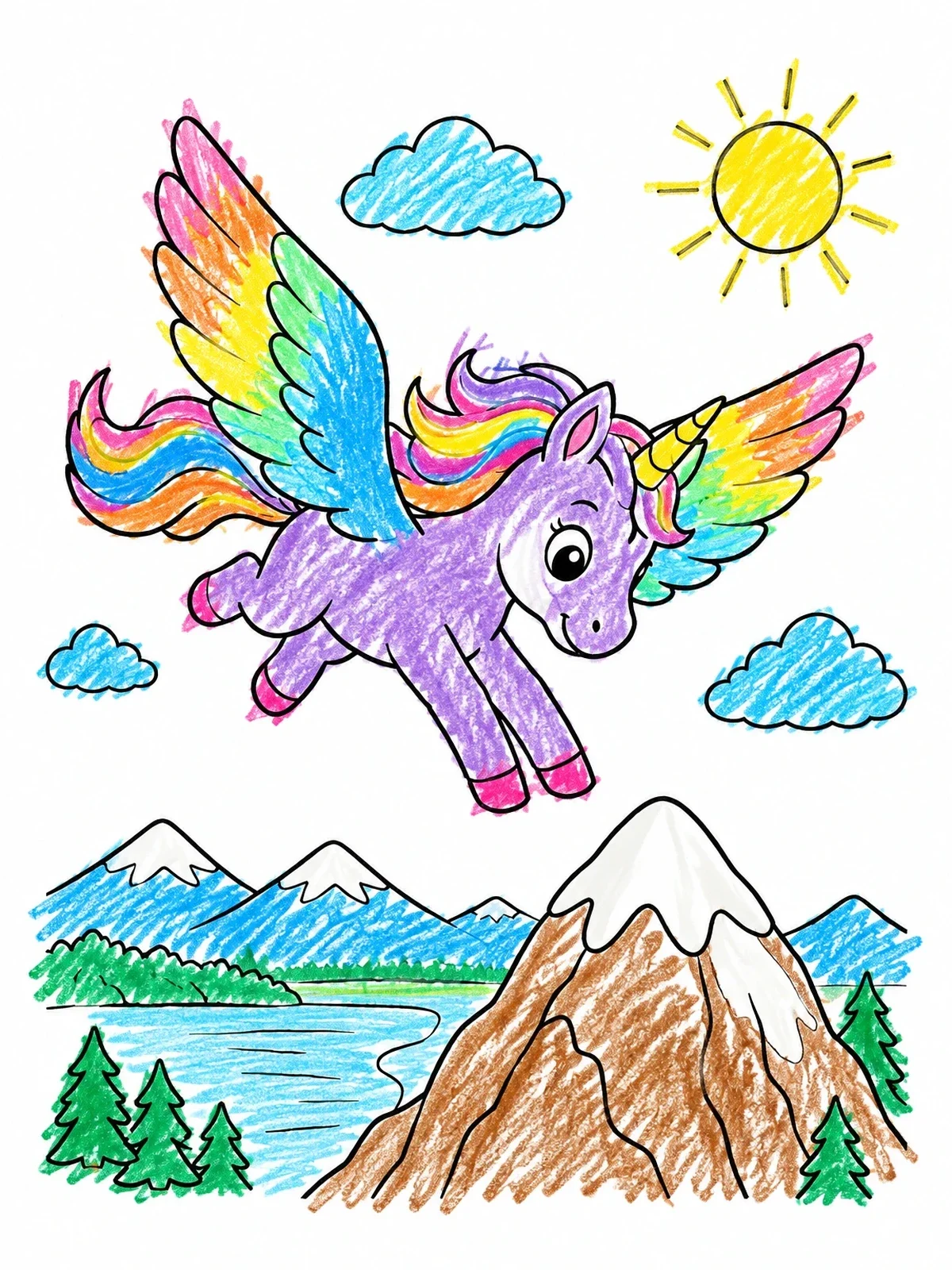 Colored example of the Winged Unicorn Soaring Over Mountains coloring page