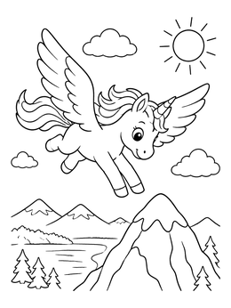 A cute winged unicorn coloring page flying above snow-capped mountain peaks and pine trees.