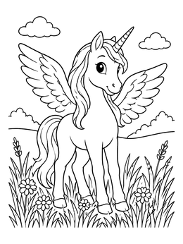 A cute winged unicorn coloring page standing in a grassy meadow with flowers and clouds.