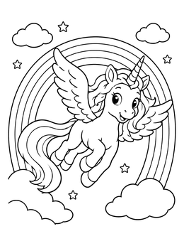 Free printable Winged Unicorn Flying Over Rainbow coloring page