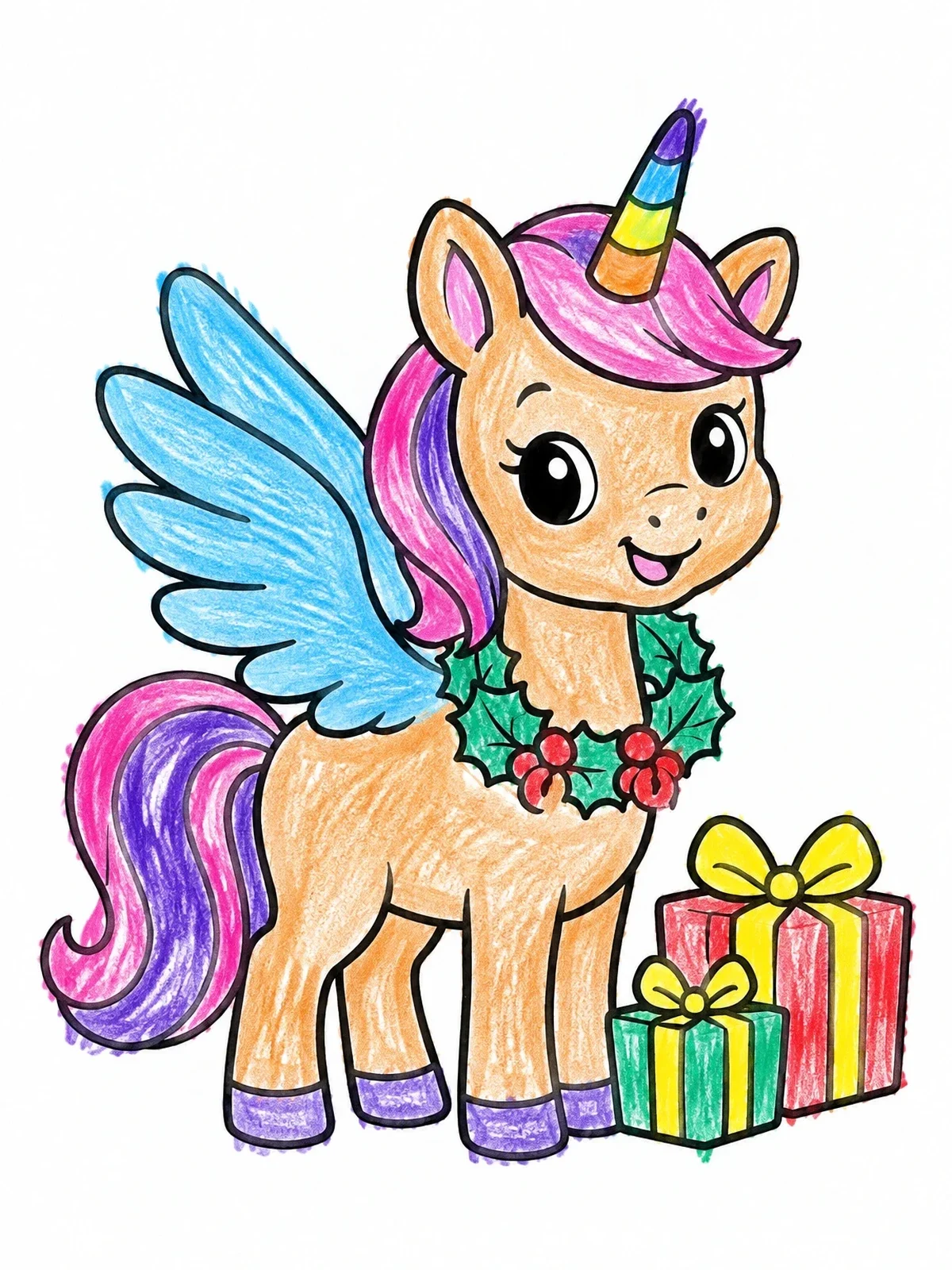 Colored example of the Festive Winged Unicorn With Presents coloring page