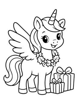 Free printable Festive Winged Unicorn With Presents coloring page