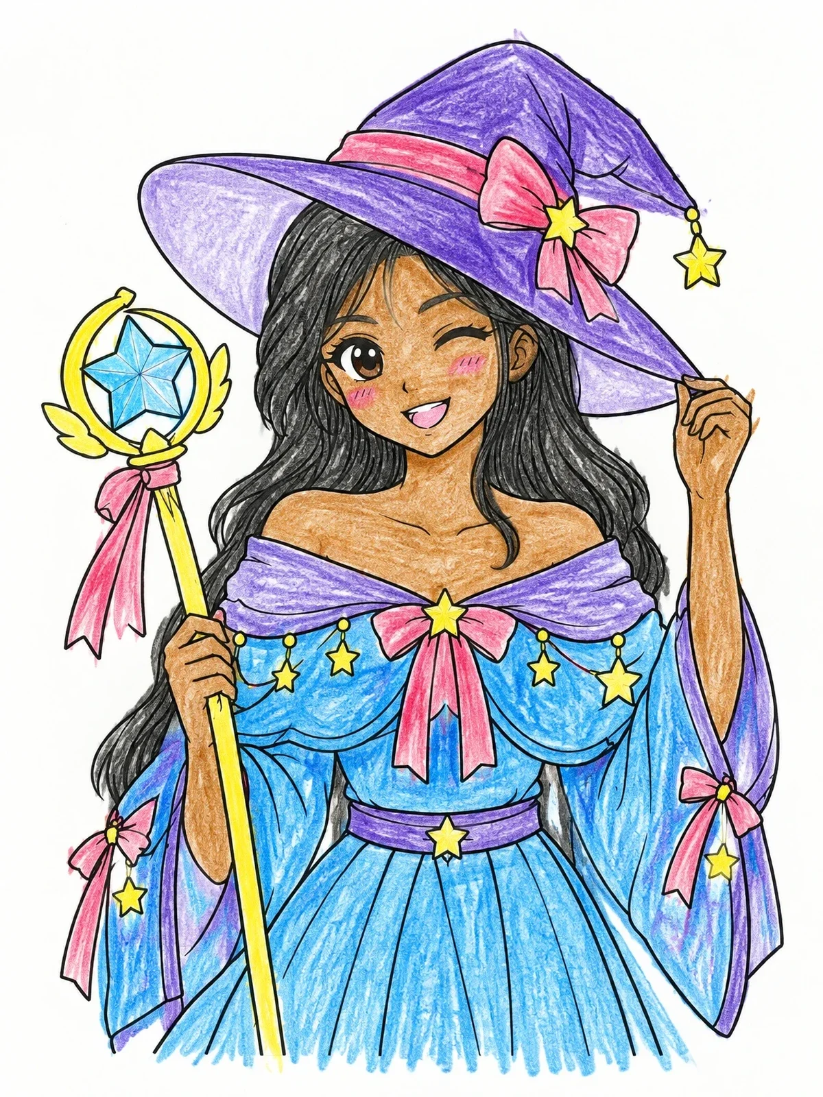 Colored example of the Winking Anime Witch With Magic Staff coloring page