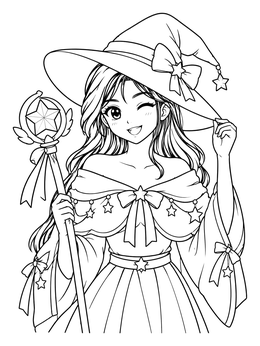 A cheerful anime witch coloring page featuring a girl holding a star wand in a witch hat.